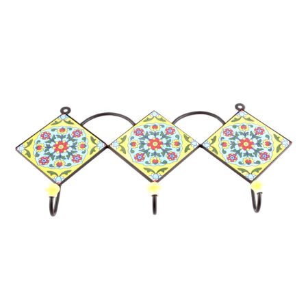 Yellow And Turquoise Ceramic Floral Tiles Hooks